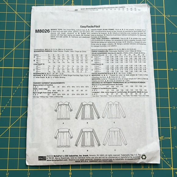 McCall Sewing Pattern - Top M8026 - Picture 2 of 8